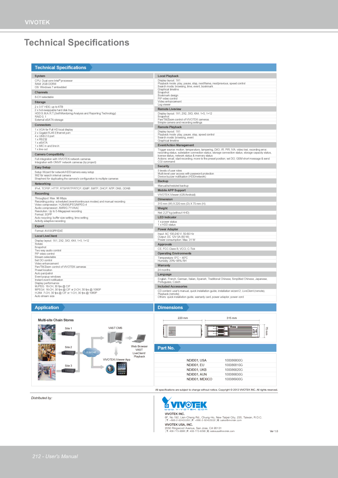 Vivotek ND8301 user manual Technical Specifications 