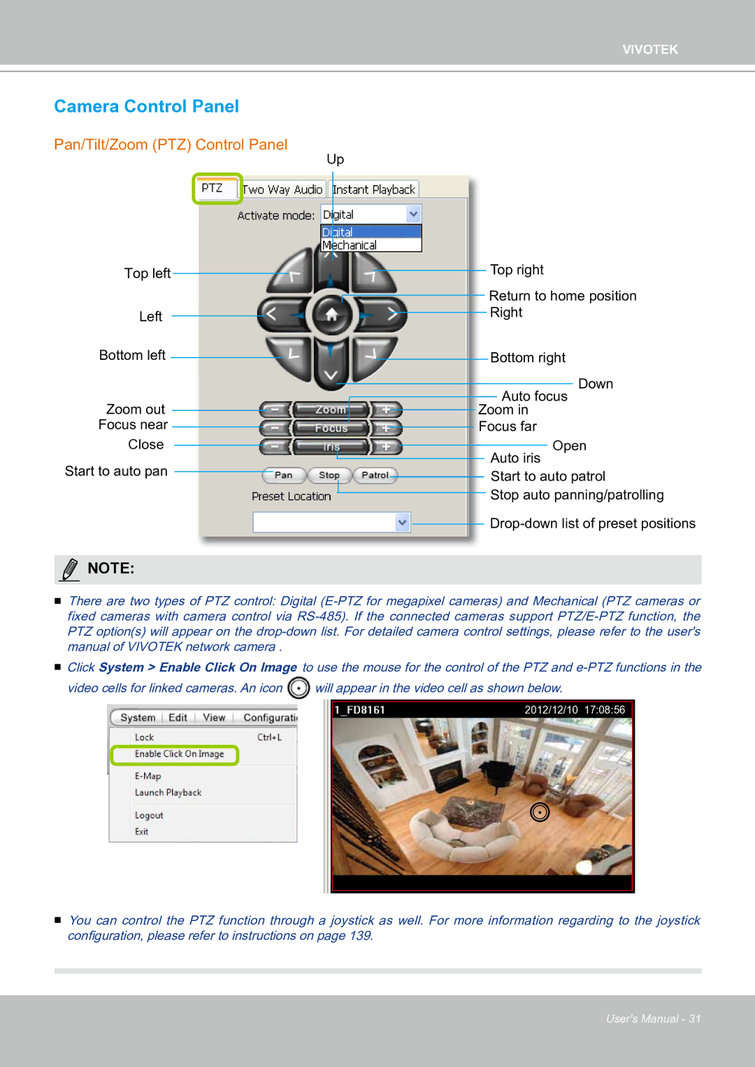 Vivotek ND8301 user manual Camera Control Panel, Pan/Tilt/Zoom PTZ Control Panel 