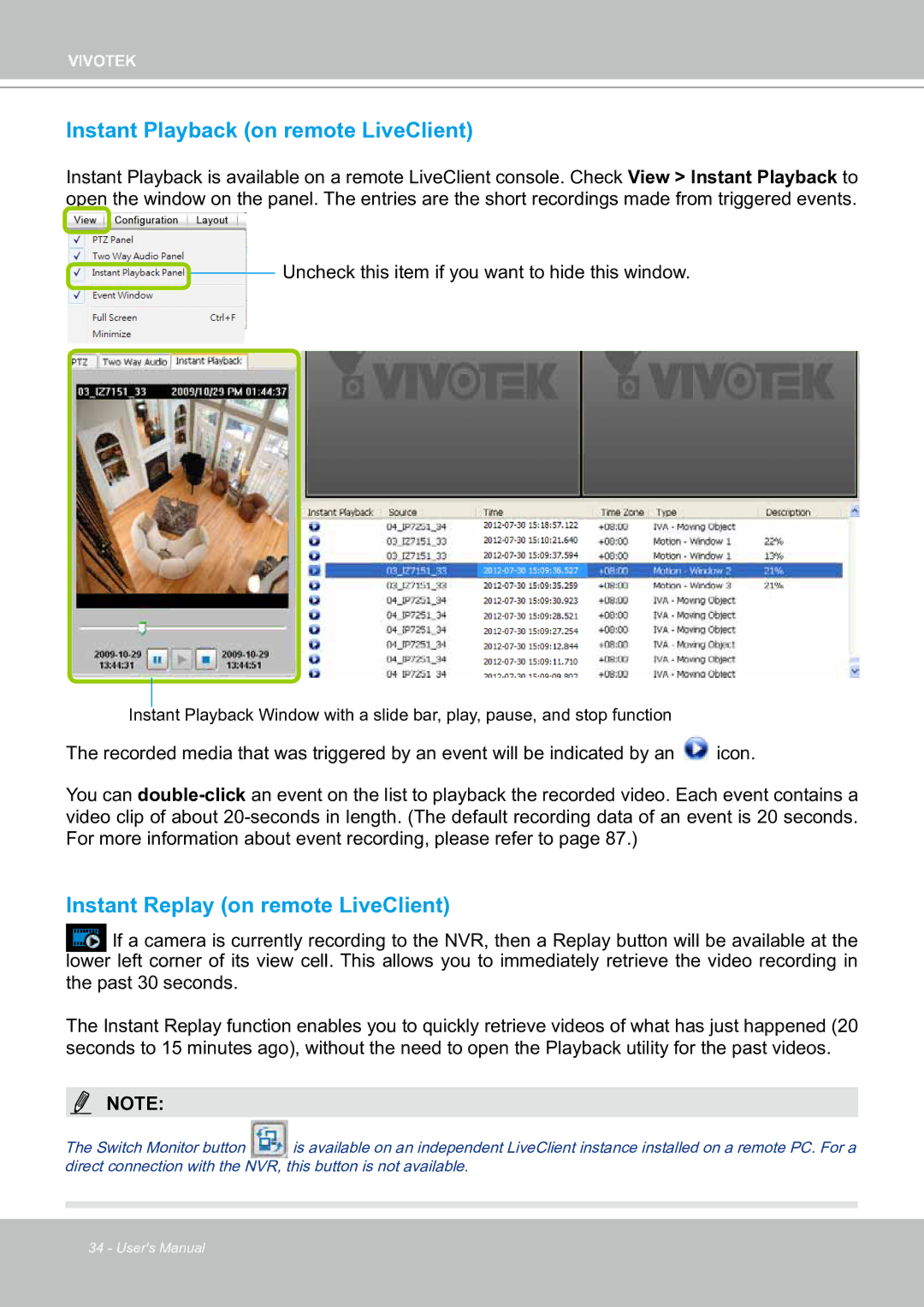 Vivotek ND8301 user manual Instant Playback on remote LiveClient, Instant Replay on remote LiveClient 