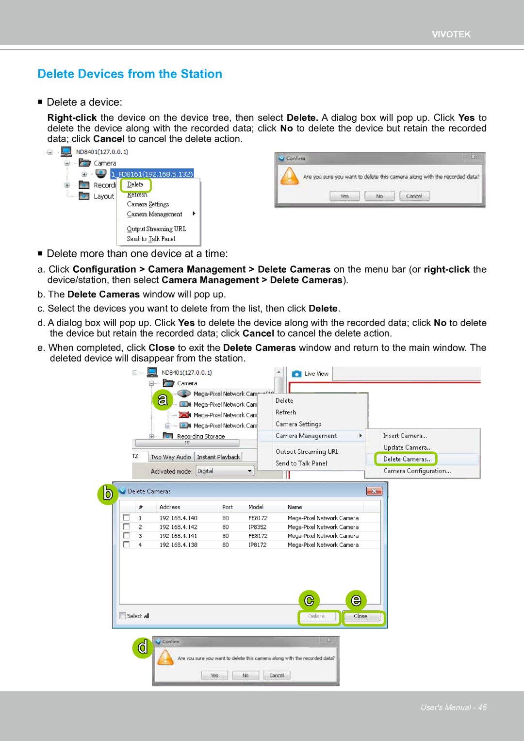 Vivotek ND8301 user manual Delete Devices from the Station,  Delete a device 