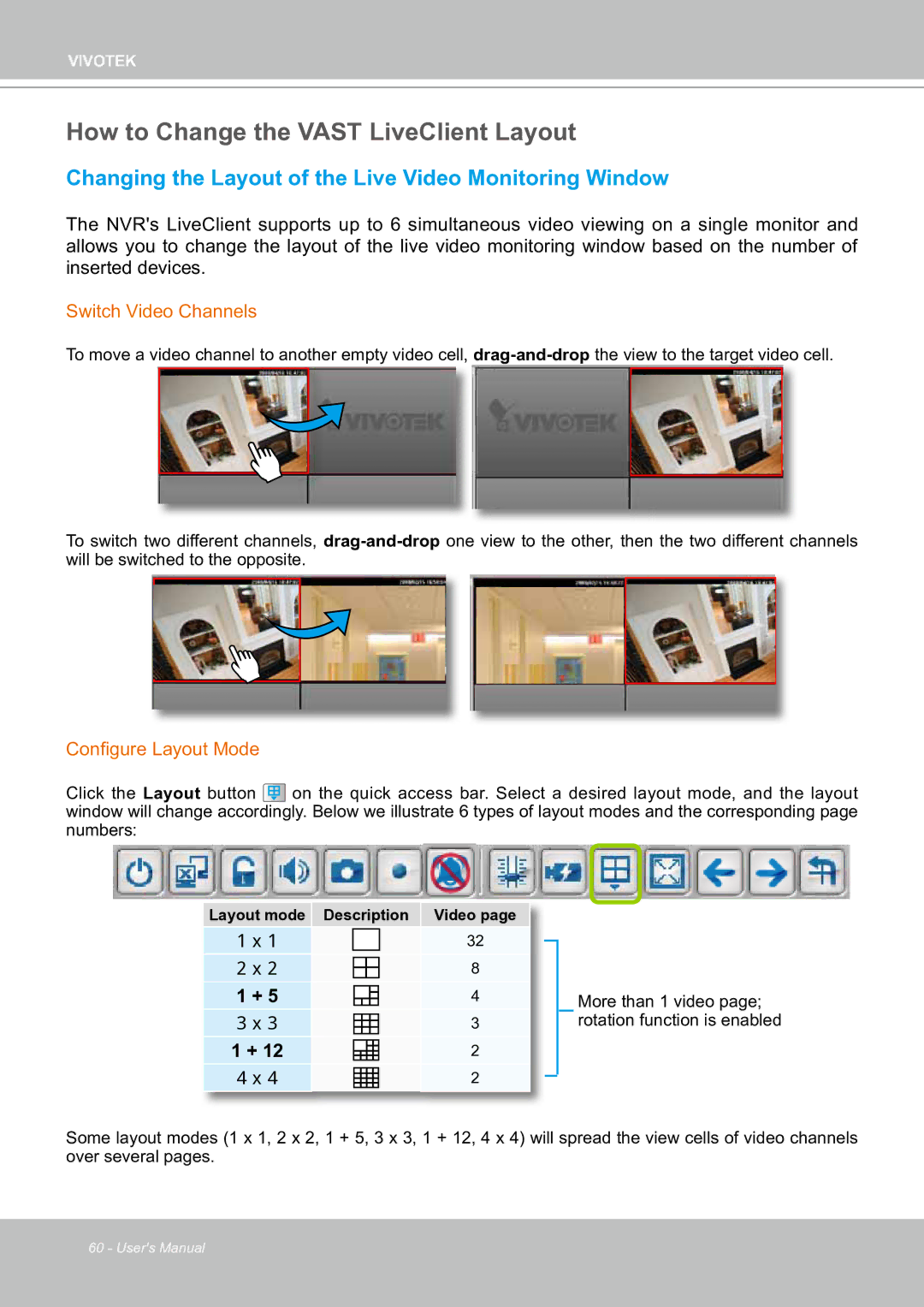 Vivotek ND8301 How to Change the Vast LiveClient Layout, Changing the Layout of the Live Video Monitoring Window 