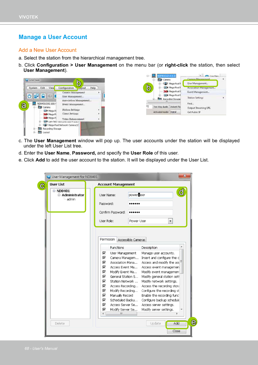 Vivotek ND8301 user manual Manage a User Account, Add a New User Account 