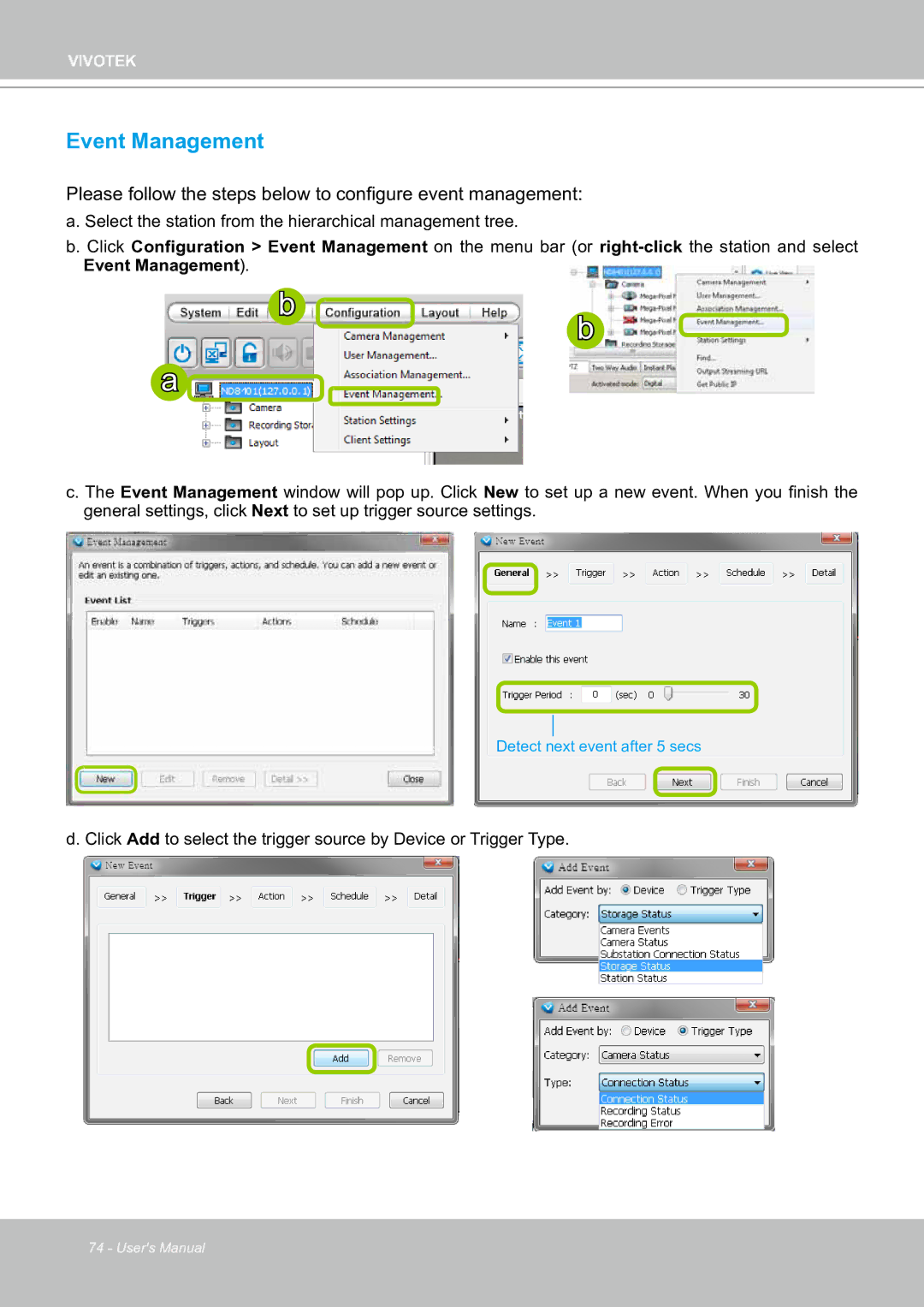 Vivotek ND8301 user manual Event Management, Please follow the steps below to configure event management 