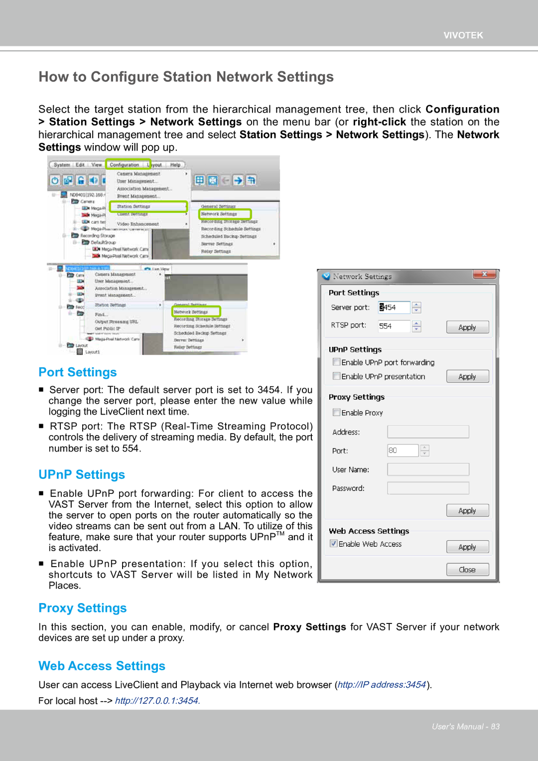 Vivotek ND8301 user manual How to Configure Station Network Settings, Port Settings, UPnP Settings, Proxy Settings 