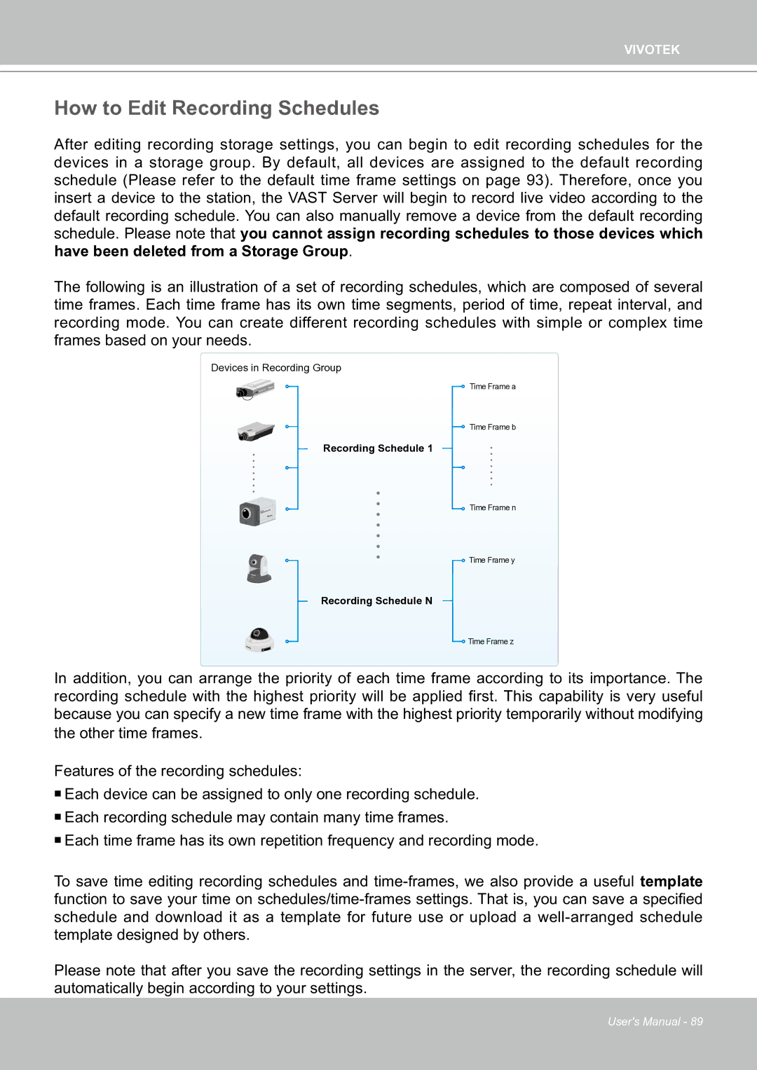 Vivotek ND8301 user manual How to Edit Recording Schedules 