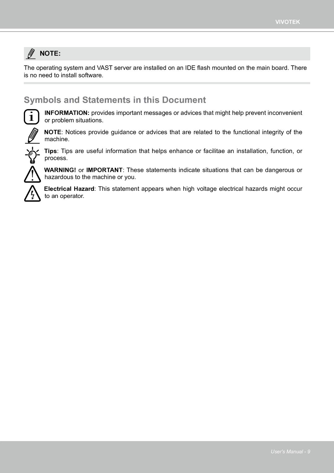 Vivotek ND8301 user manual Symbols and Statements in this Document 