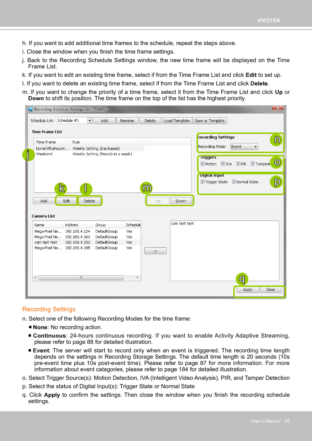 Vivotek ND8301 user manual Recording Settings 