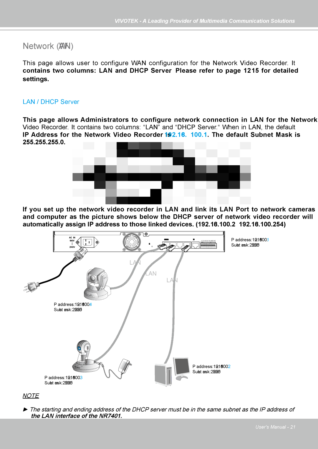 Vivotek NR7401 manual Network WAN, LAN / Dhcp Server 