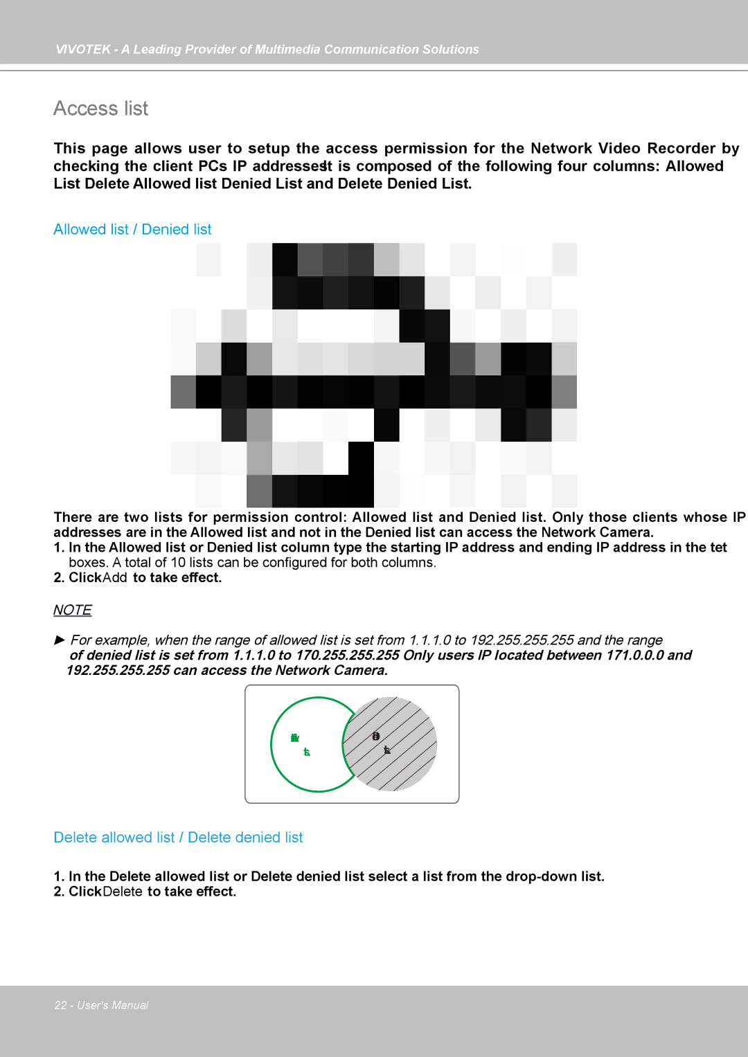 Vivotek NR7401 manual Access list, Allowed list / Denied list, Delete allowed list / Delete denied list 