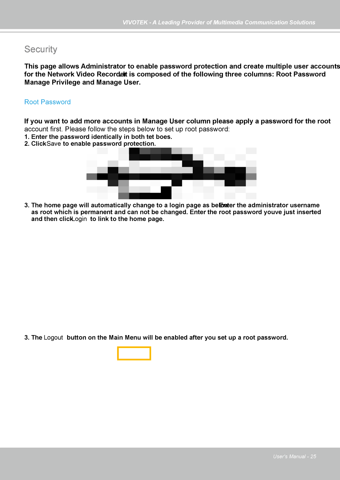 Vivotek NR7401 manual Security, Root Password 