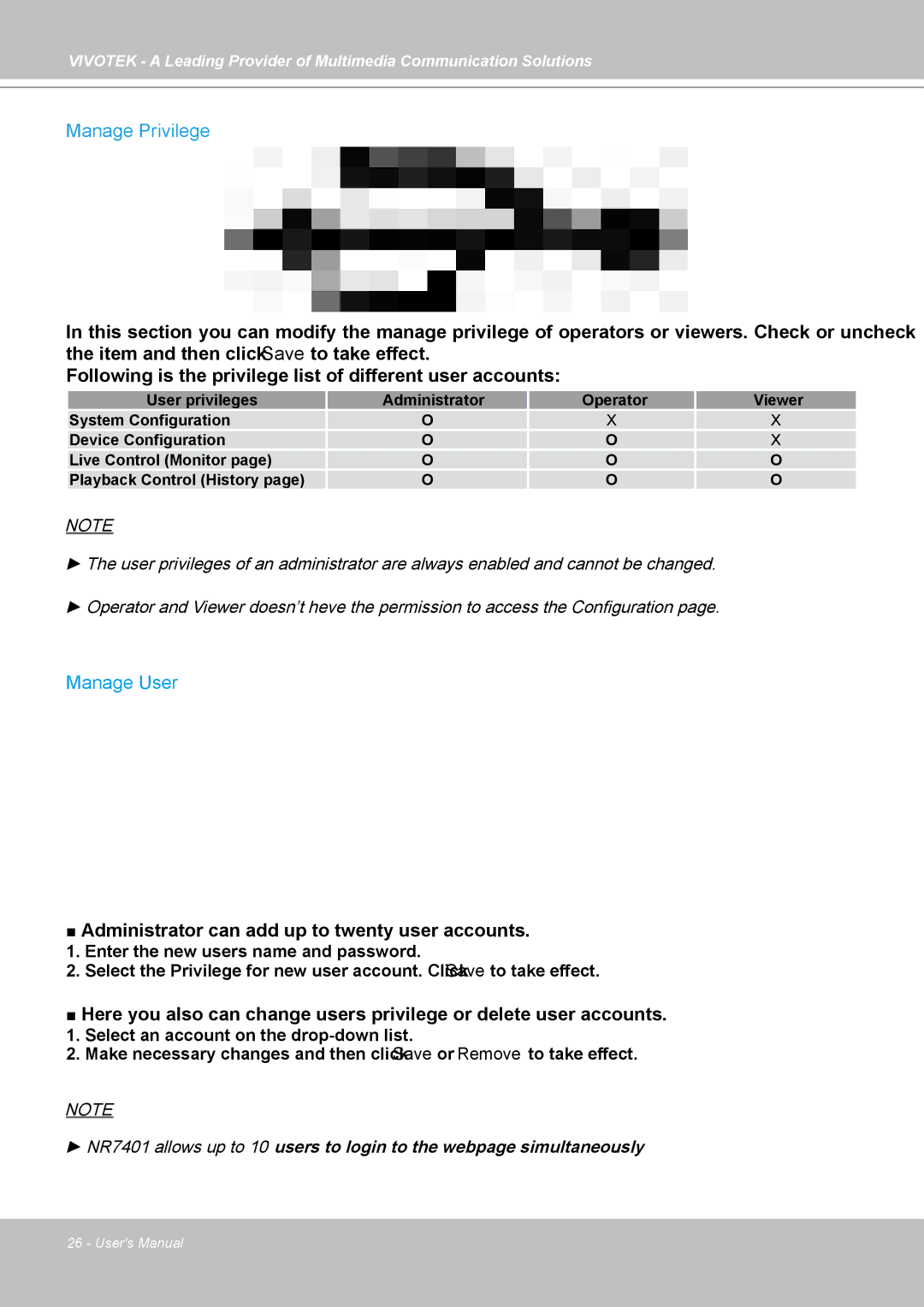 Vivotek NR7401 manual Manage Privilege, Manage User 