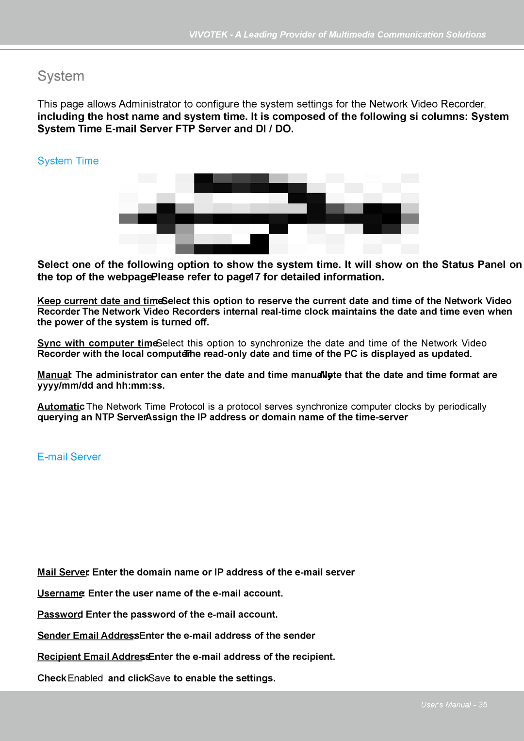 Vivotek NR7401 manual System Time, Mail Server 