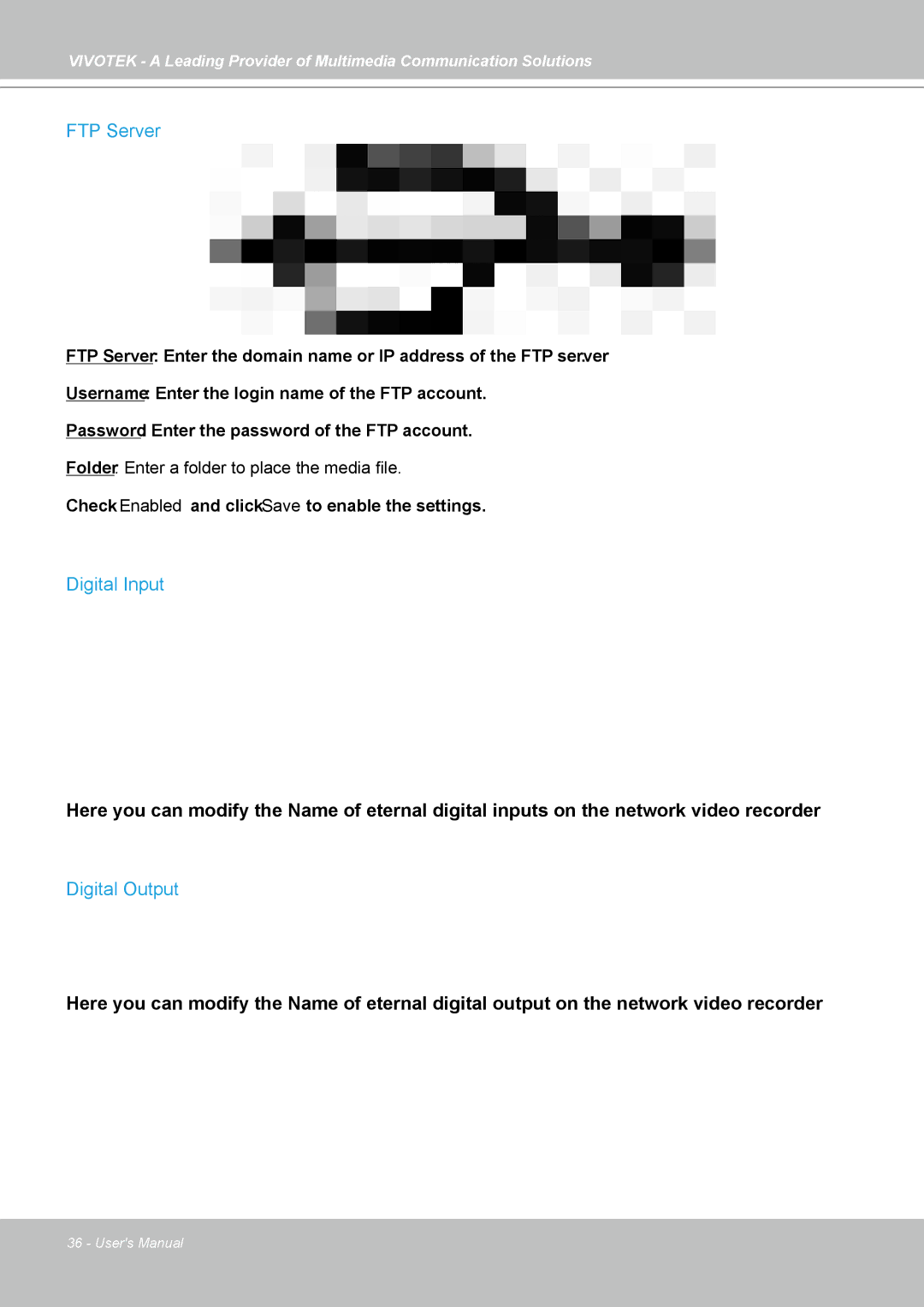 Vivotek NR7401 manual FTP Server, Digital Input, Digital Output 