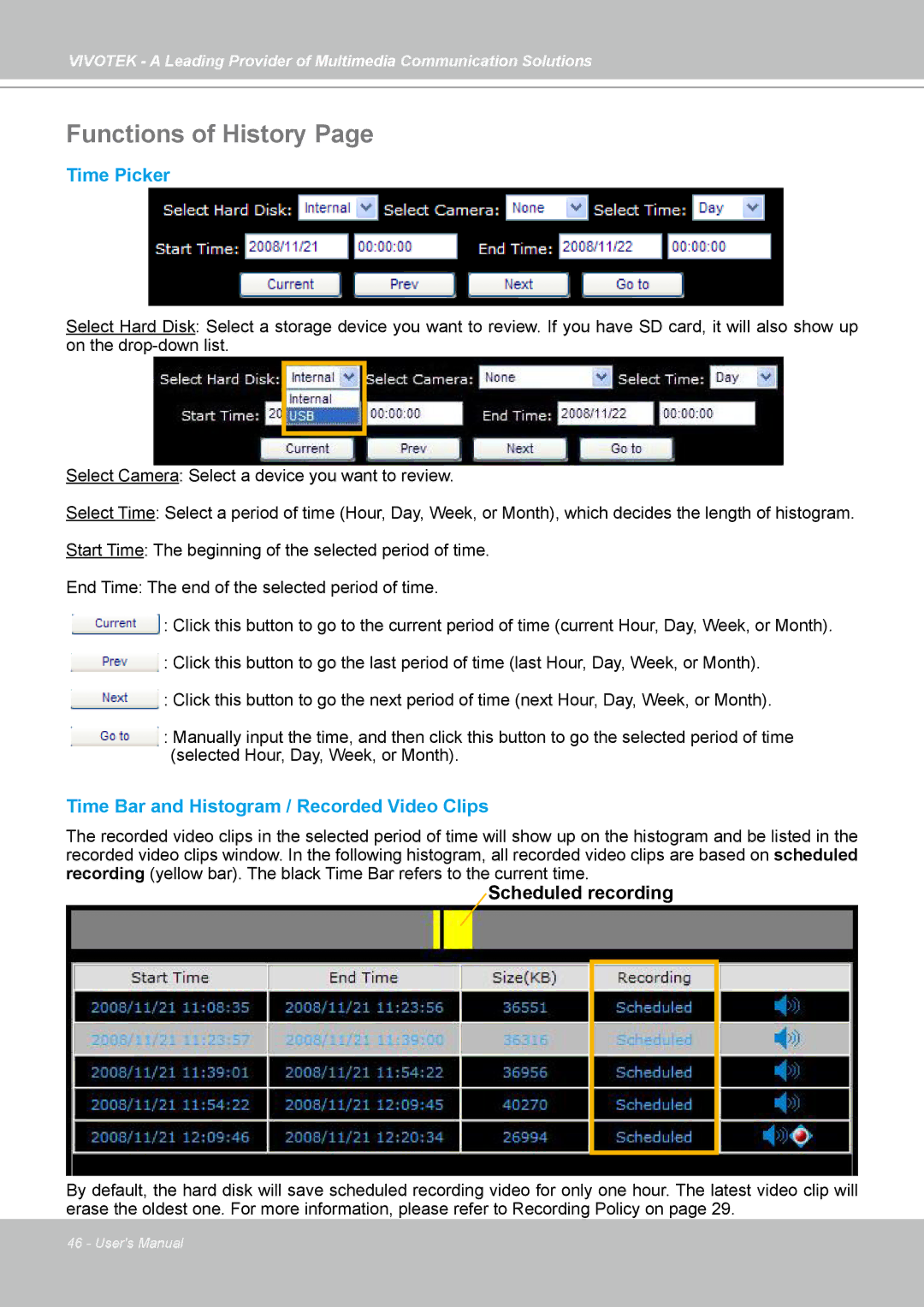 Vivotek NR7401 manual Functions of History, Time Picker, Time Bar and Histogram / Recorded Video Clips 