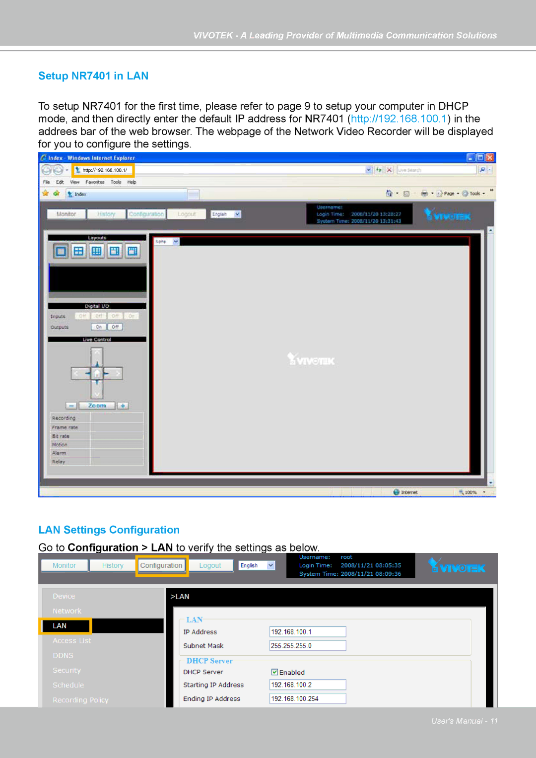 Vivotek manual Setup NR7401 in LAN, LAN Settings Configuration 