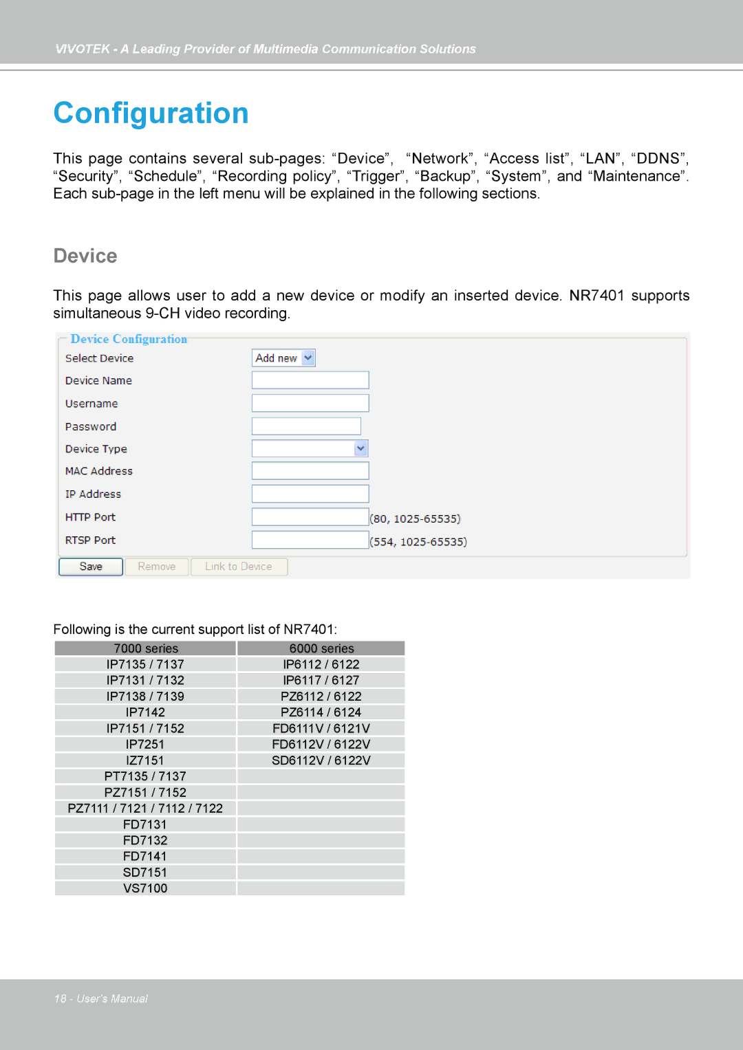 Vivotek NR7401 manual Configuration, Device 