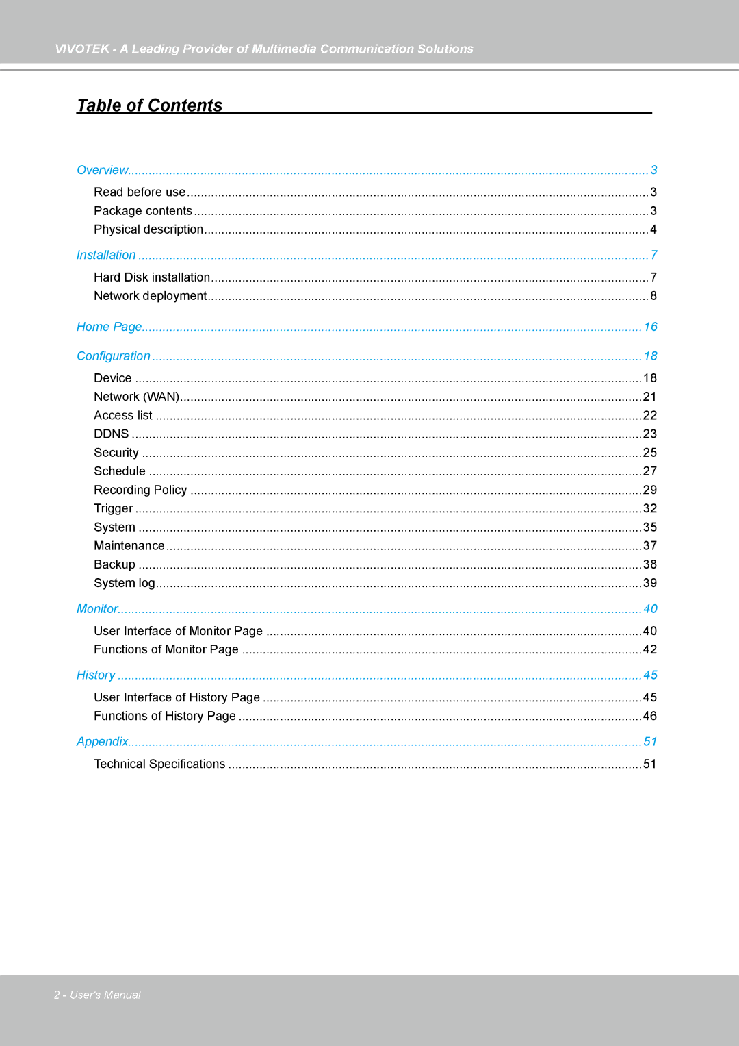 Vivotek NR7401 manual Table of Contents 