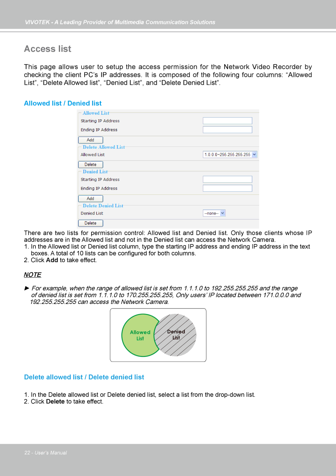 Vivotek NR7401 manual Access list, Allowed list / Denied list, Delete allowed list / Delete denied list 