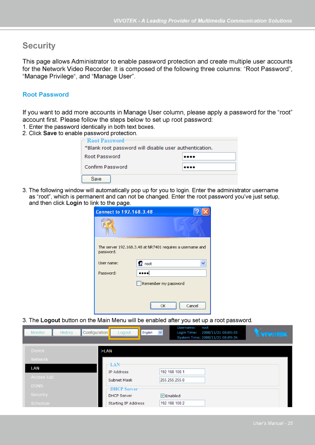 Vivotek NR7401 manual Security, Root Password 