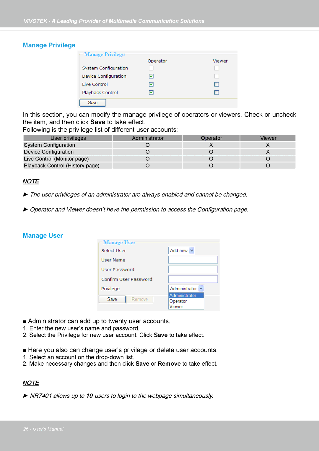 Vivotek NR7401 manual Manage Privilege, Manage User 