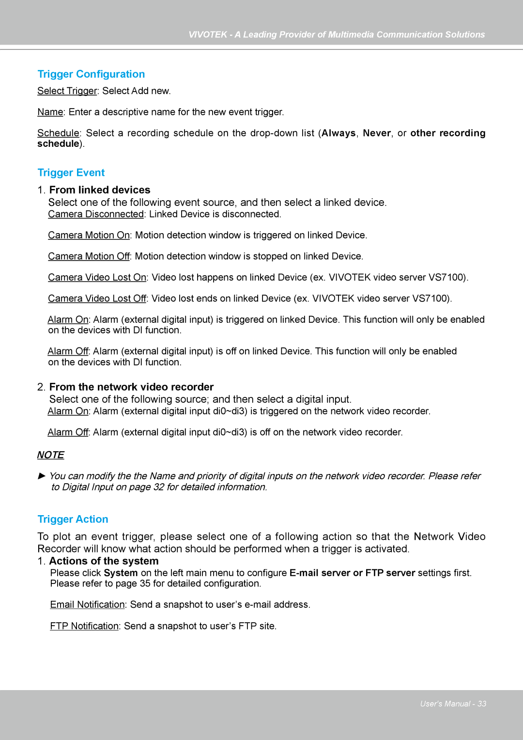 Vivotek NR7401 manual Trigger Configuration, Trigger Event, Trigger Action 