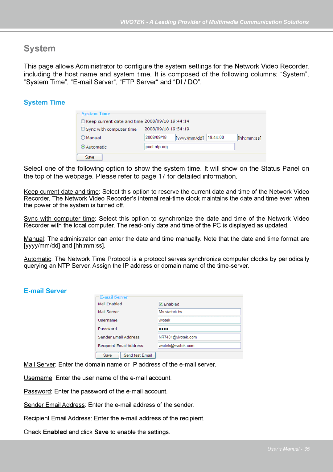 Vivotek NR7401 manual System Time, Mail Server 