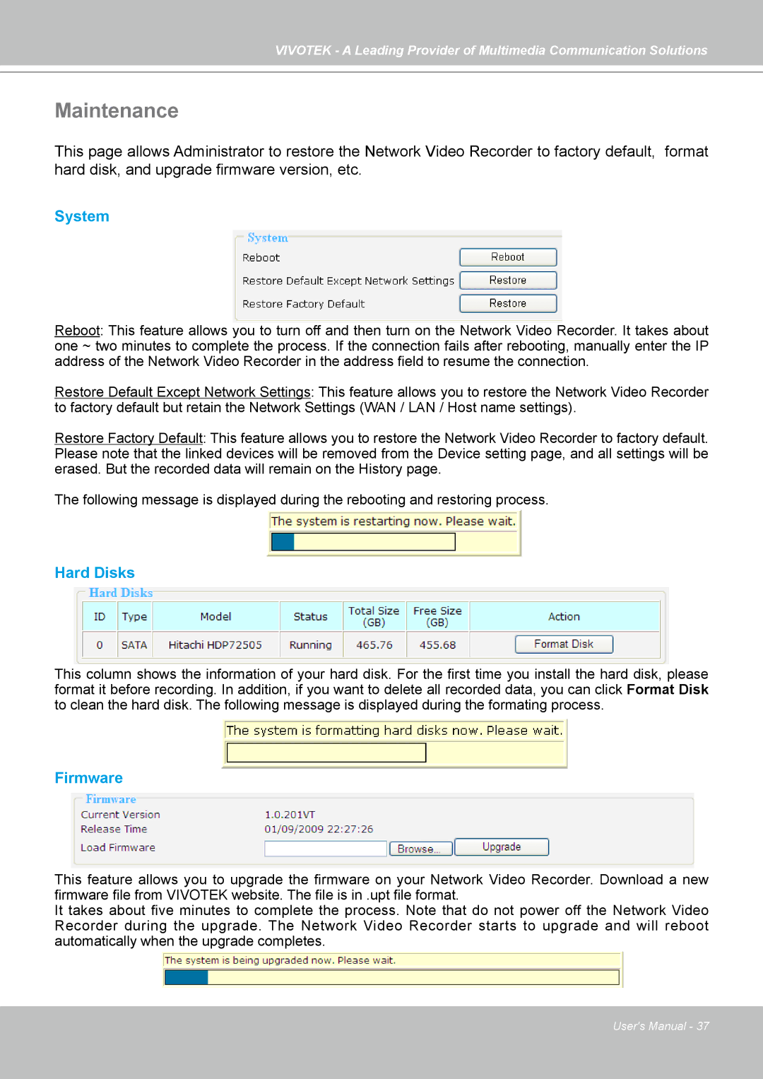 Vivotek NR7401 manual Maintenance, System, Hard Disks, Firmware 