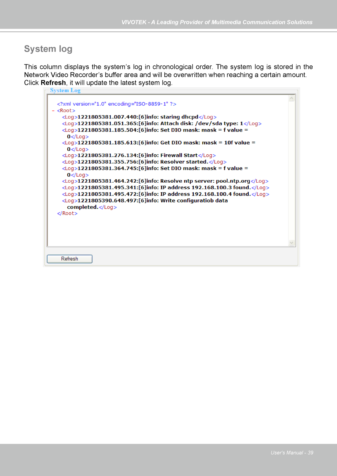 Vivotek NR7401 manual System log 