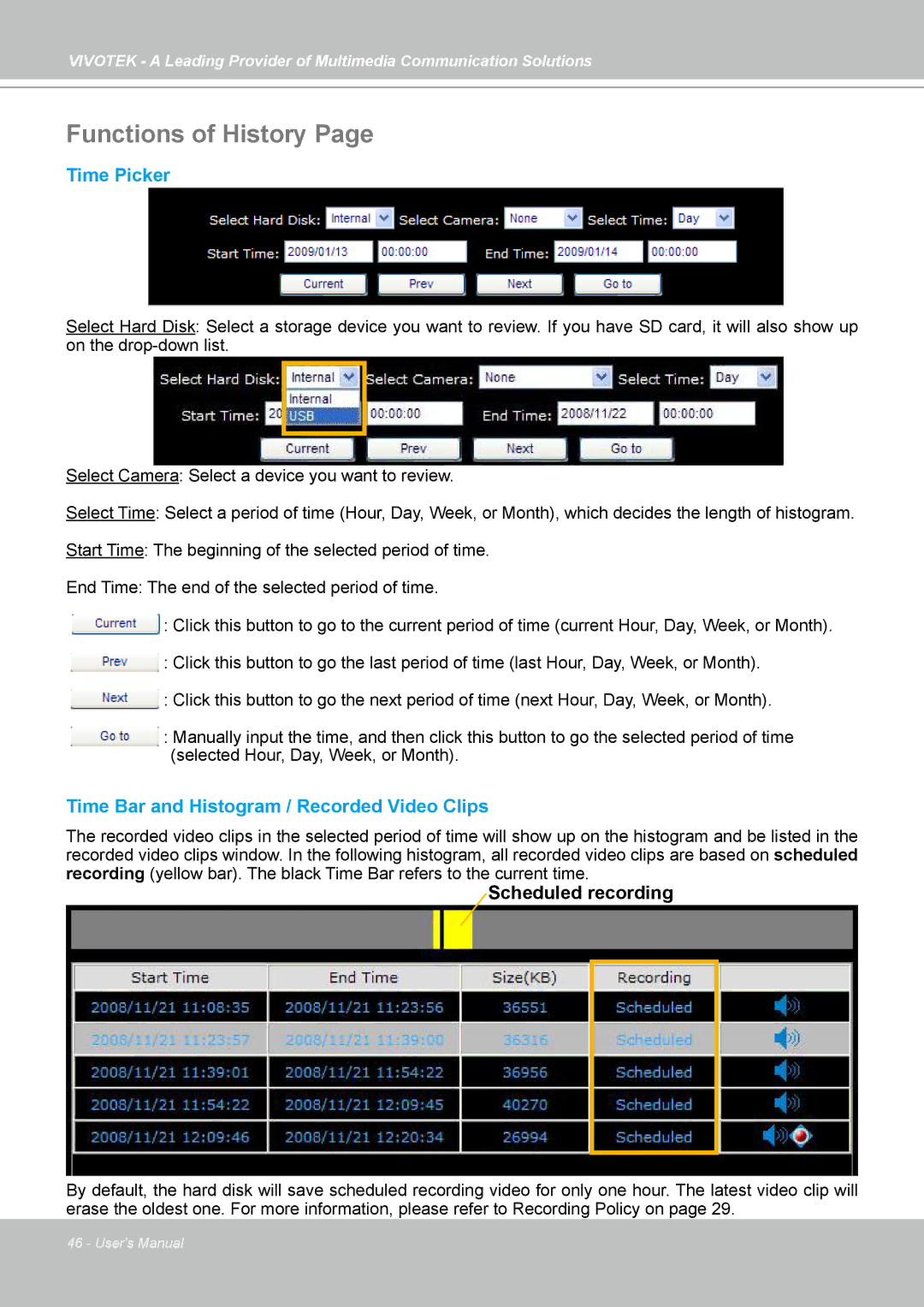 Vivotek NR7401 manual Functions of History, Time Picker, Time Bar and Histogram / Recorded Video Clips 