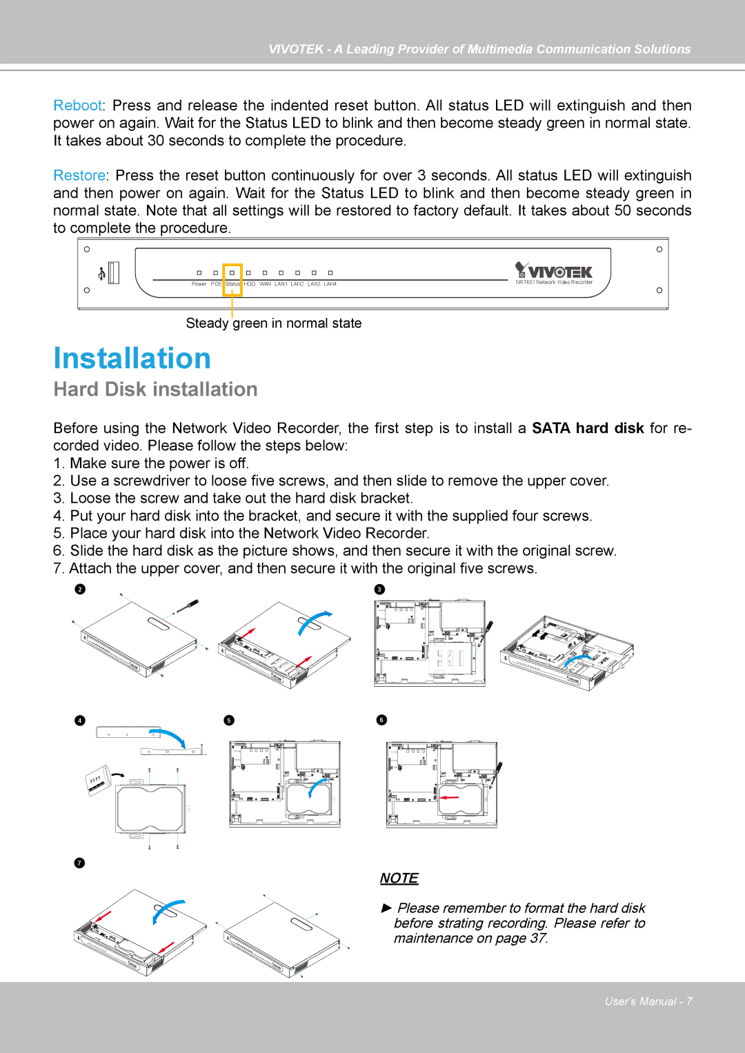 Vivotek NR7401 manual Installation, Hard Disk installation 