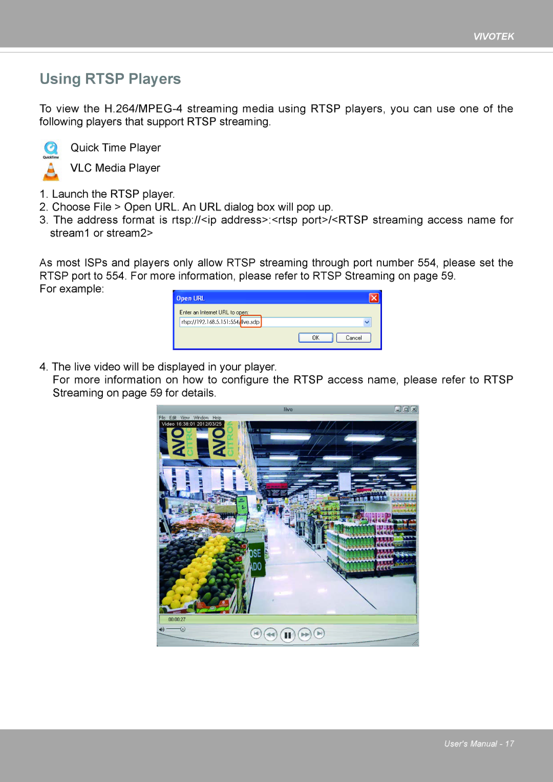 Vivotek PD8136 user manual Using Rtsp Players 