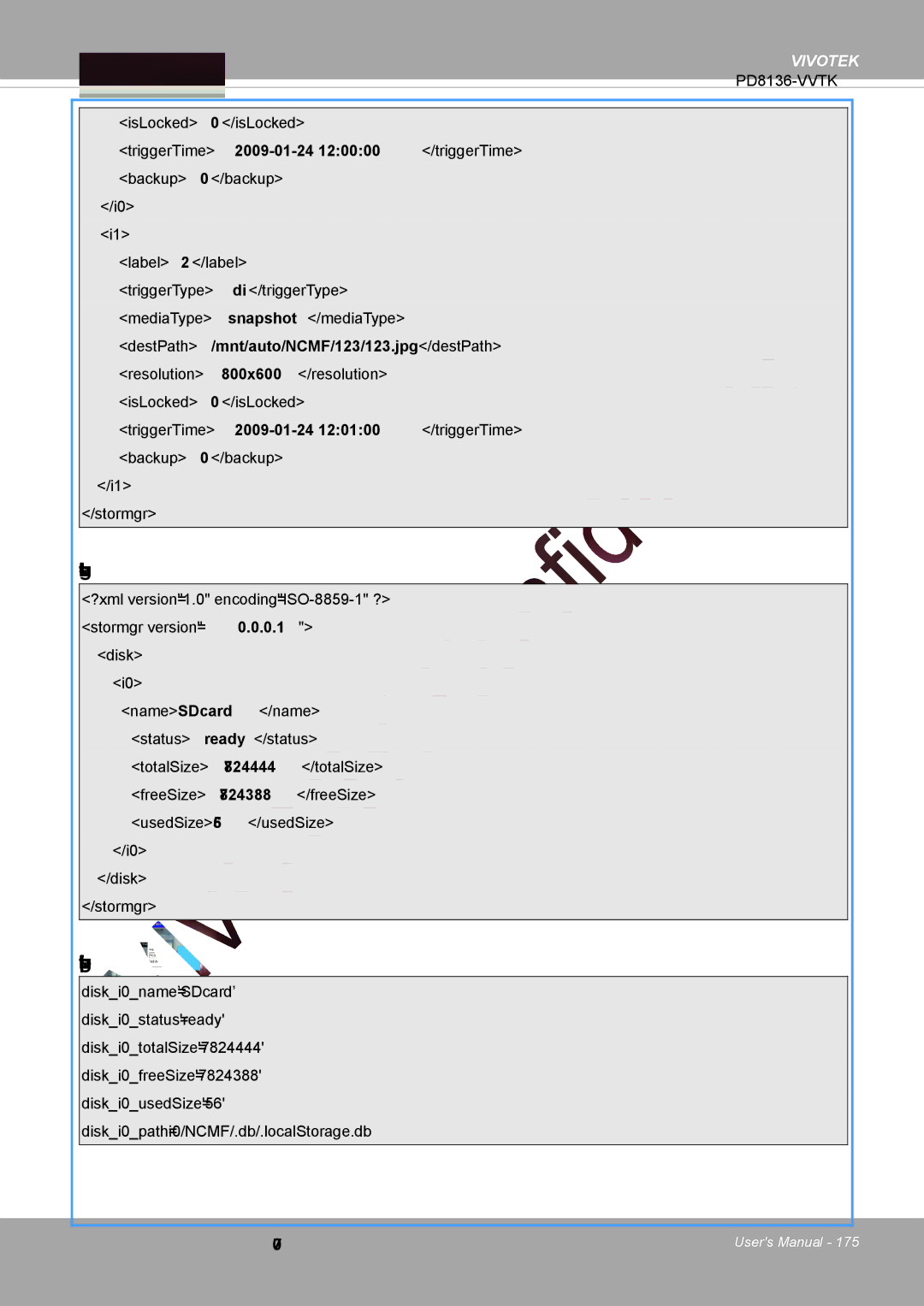 Vivotek PD8136 user manual Ex. Local storage status in XML format, Ex. Local storage status in javascript format 