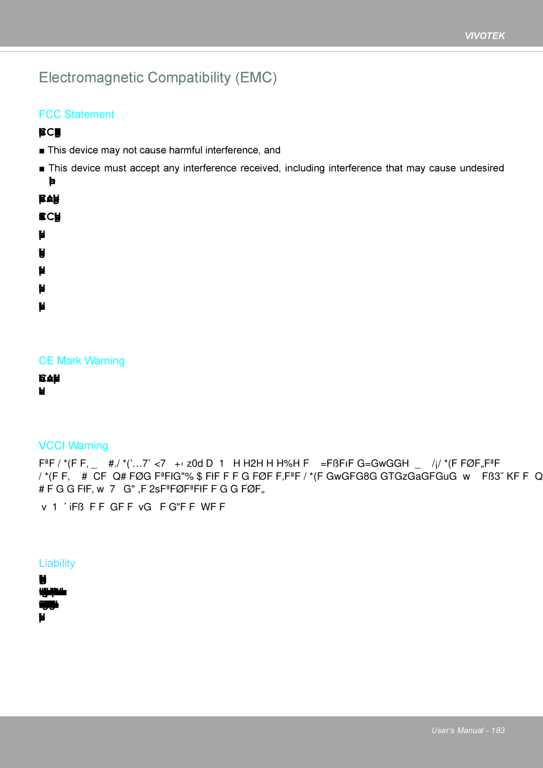 Vivotek PD8136 user manual Electromagnetic Compatibility EMC, Liability 