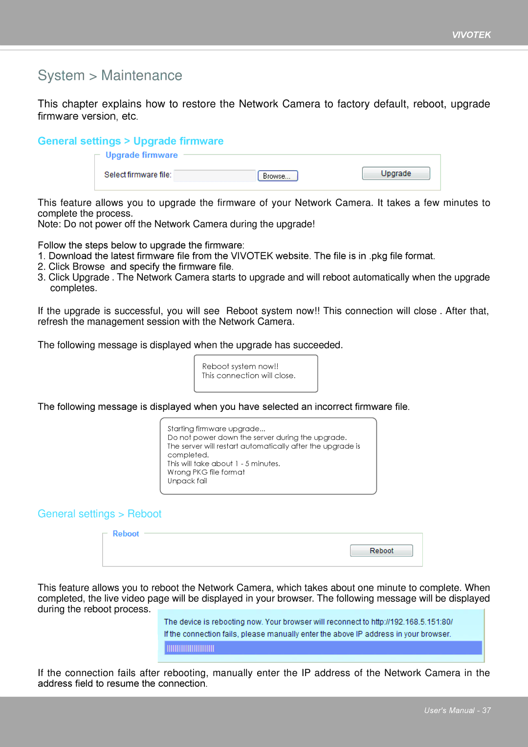 Vivotek PD8136 user manual System Maintenance, General settings Upgrade firmware, General settings Reboot 