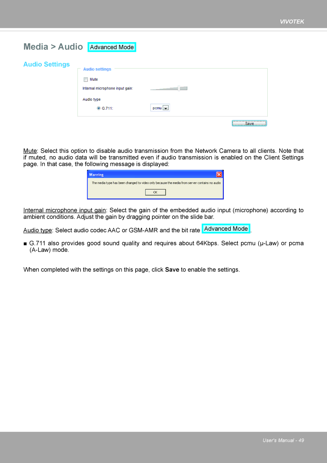 Vivotek PD8136 user manual Media Audio, Audio Settings 