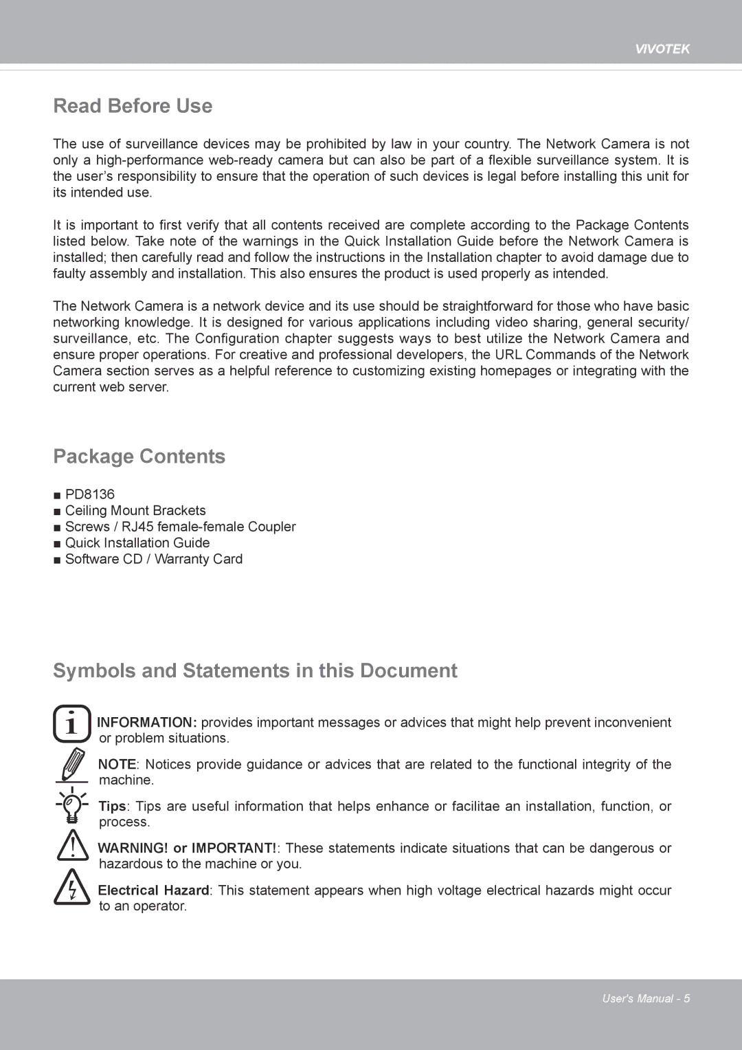 Vivotek PD8136 user manual Read Before Use, Package Contents, Symbols and Statements in this Document 