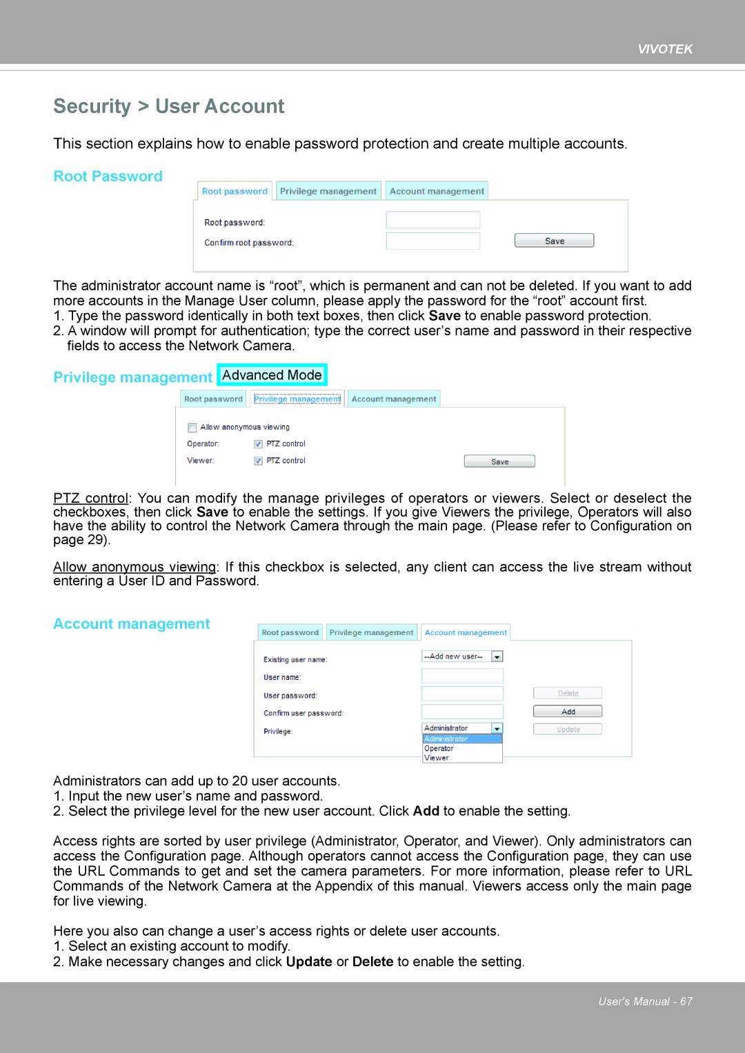 Vivotek PD8136 user manual Security User Account, Root Password, Privilege management, Account management 