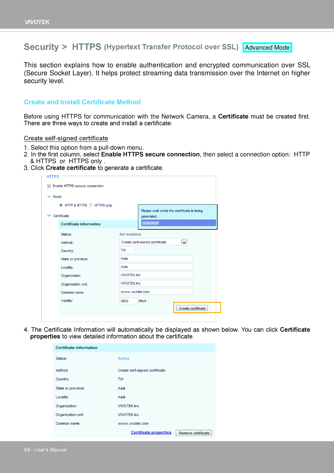 Vivotek PD8136 user manual Security Https Hypertext Transfer Protocol over SSL, Create and Install Certificate Method 