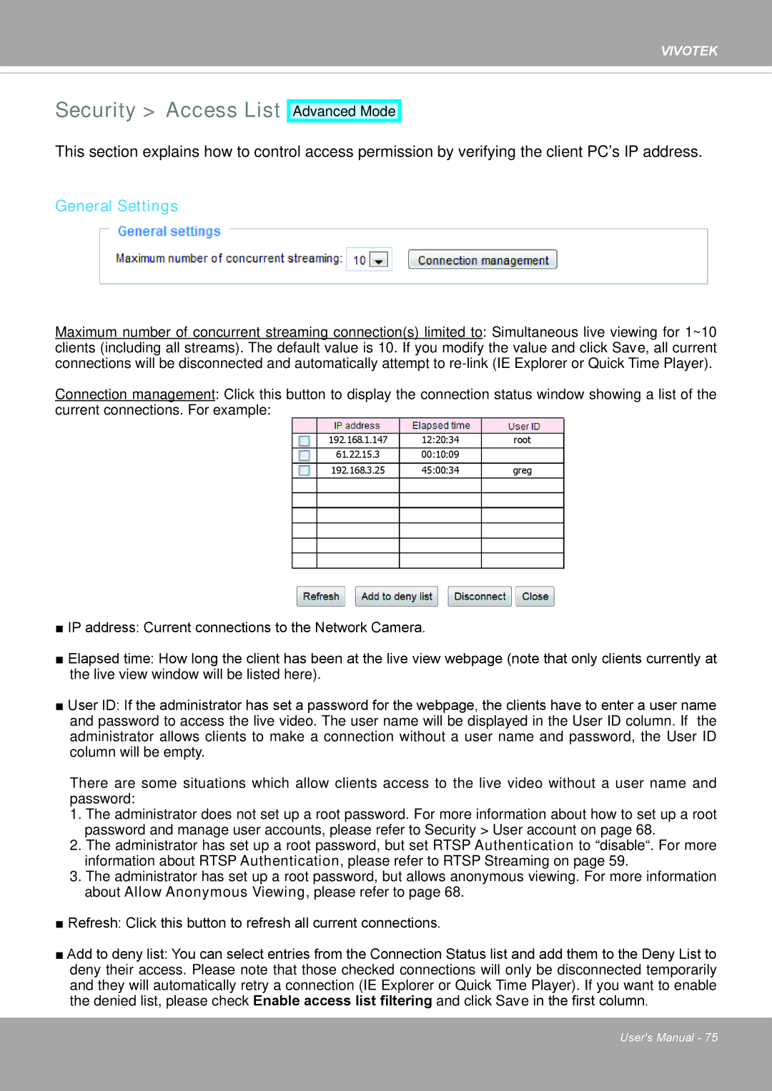 Vivotek PD8136 user manual Security Access List, General Settings 