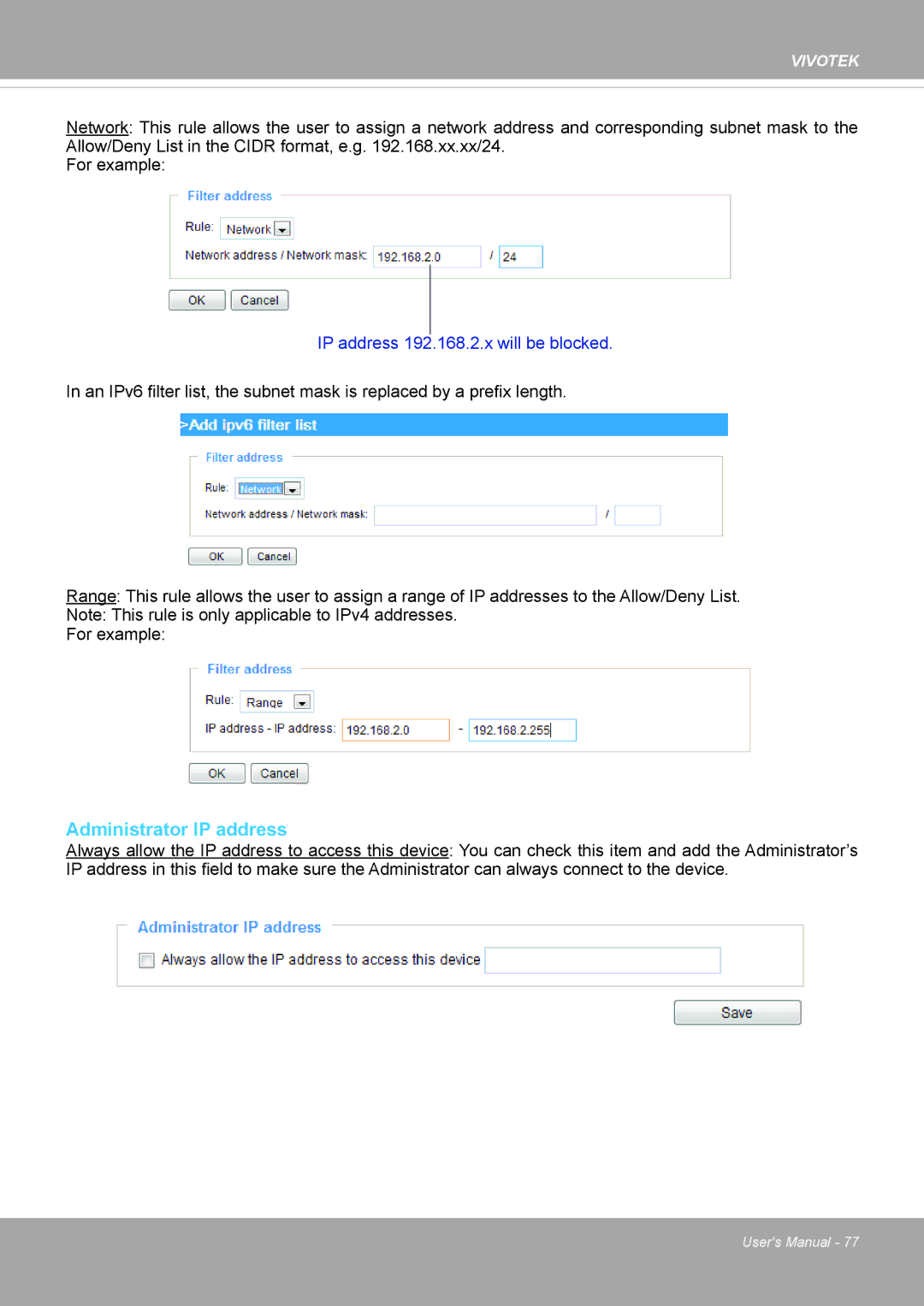 Vivotek PD8136 user manual Administrator IP address, IP address 192.168.2.x will be blocked 