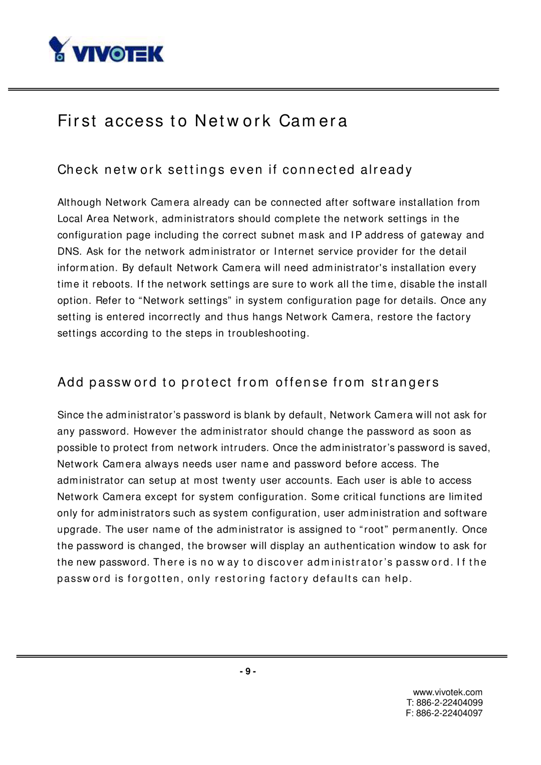 Vivotek PT3112/3122 manual First access to Network Camera, Check network settings even if connected already 