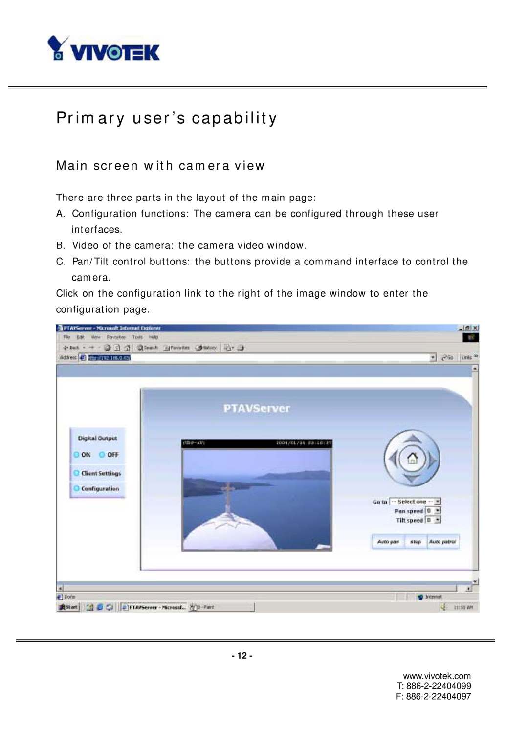 Vivotek PT3112/3122 manual Primary user’s capability, Main screen with camera view 