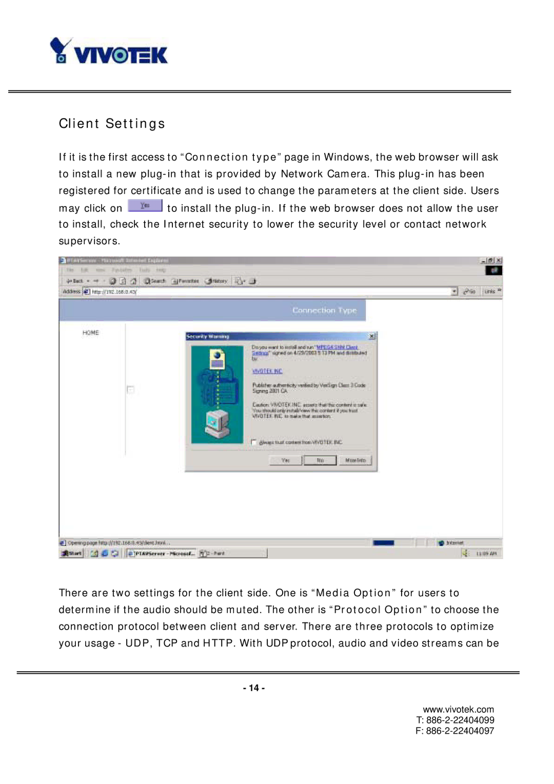 Vivotek PT3112/3122 manual Client Settings 