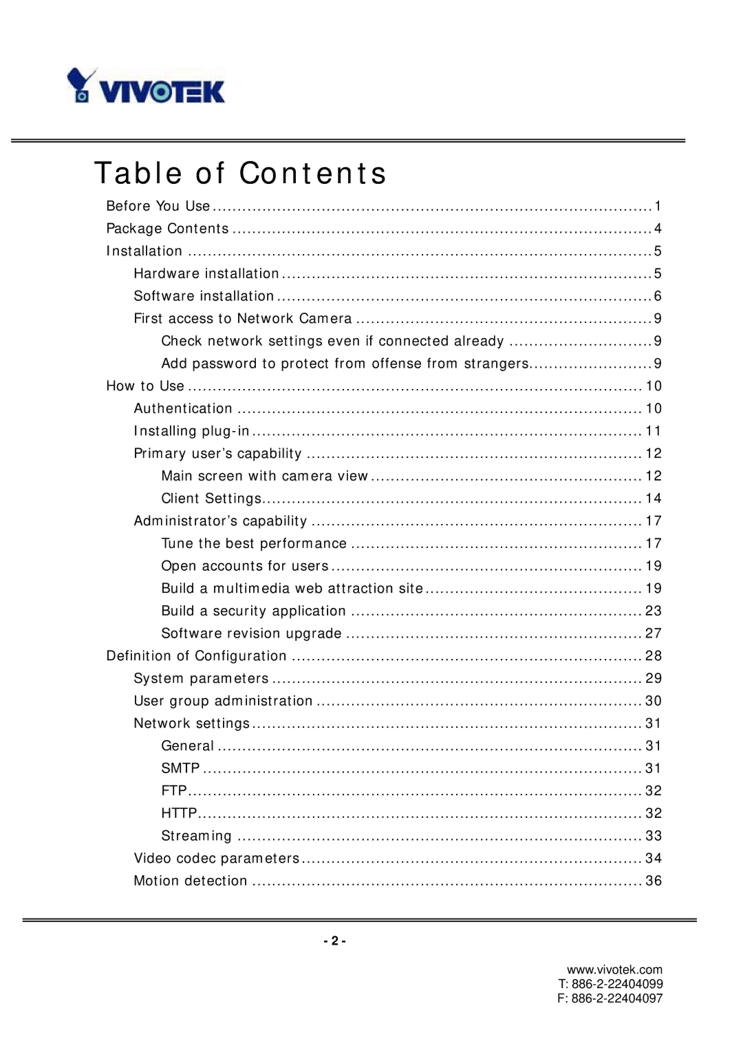 Vivotek PT3112/3122 manual Table of Contents 