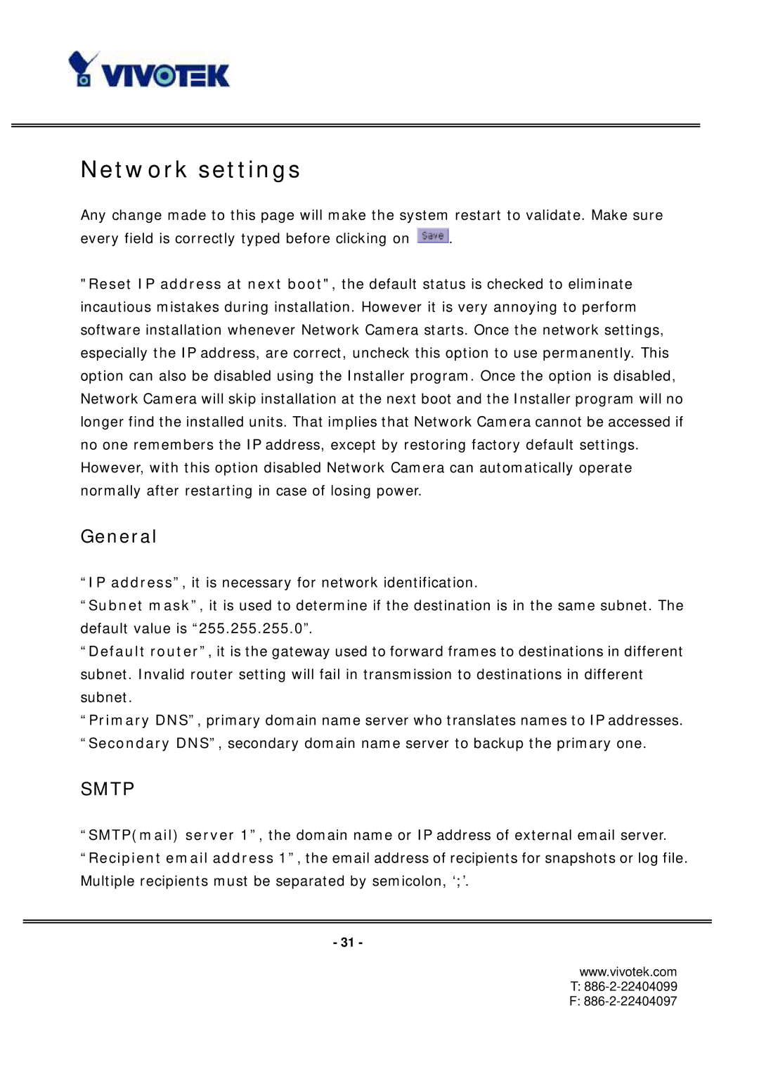 Vivotek PT3112/3122 manual Network settings, General 