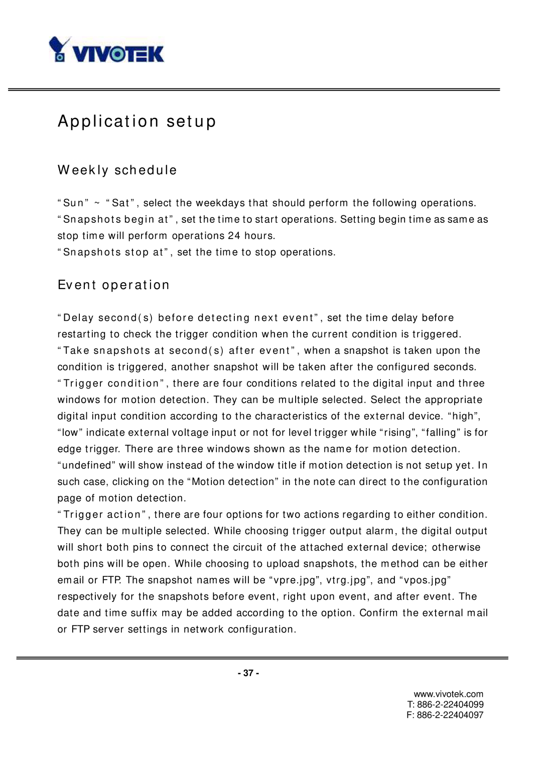 Vivotek PT3112/3122 manual Application setup, Weekly schedule, Event operation 