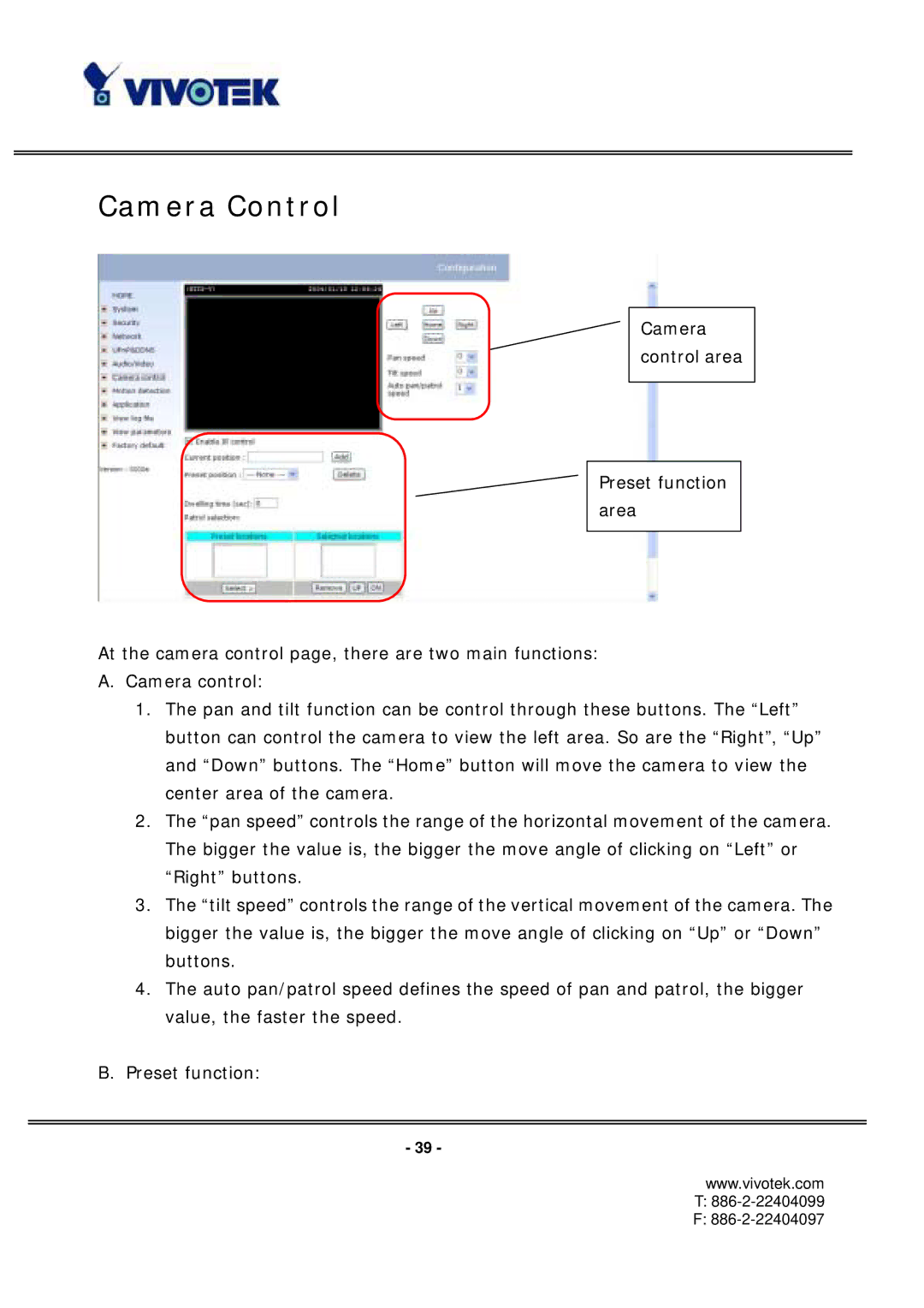 Vivotek PT3112/3122 manual Camera Control 