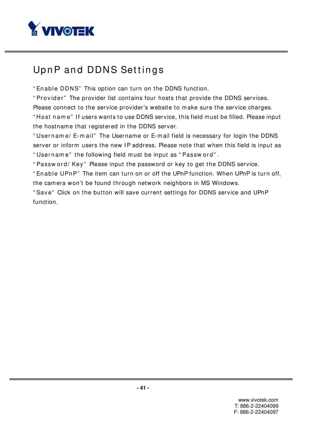 Vivotek PT3112/3122 manual UpnP and Ddns Settings 