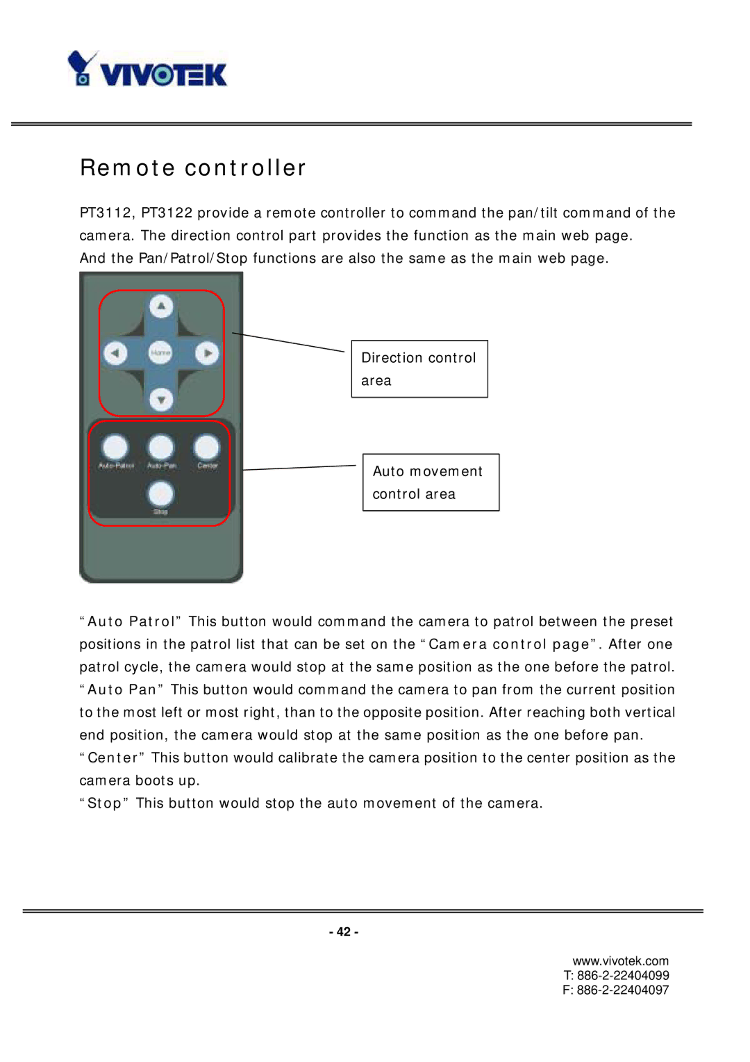 Vivotek PT3112/3122 manual Remote controller 