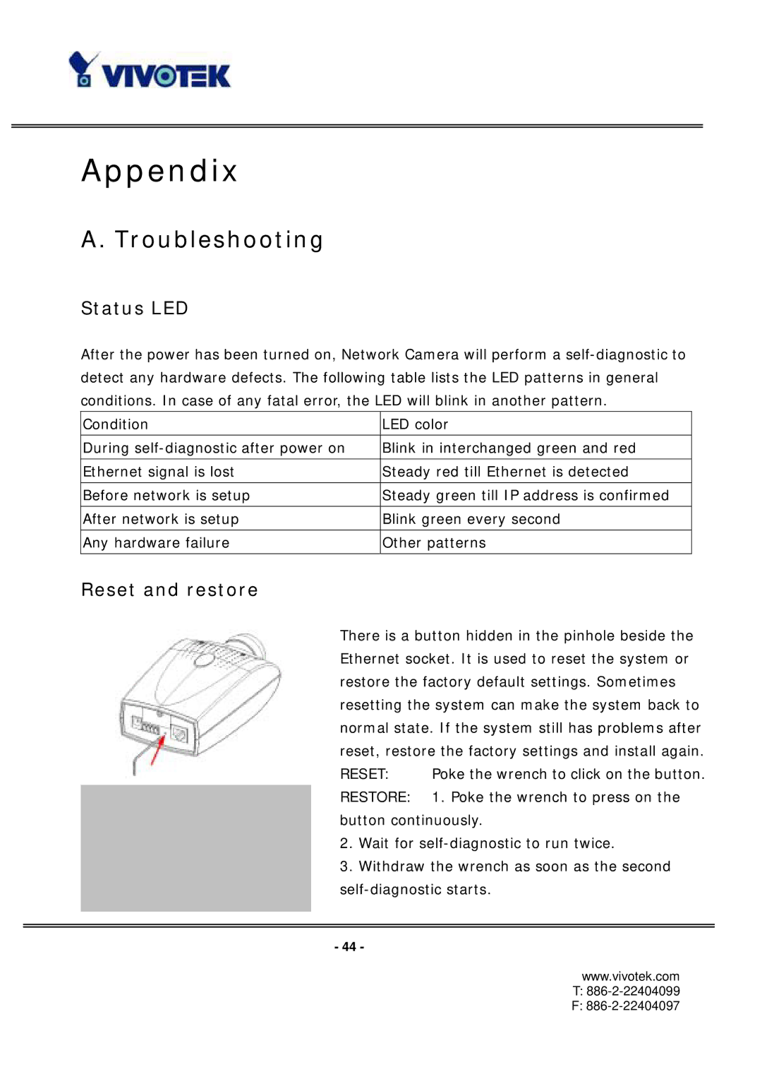 Vivotek PT3112/3122 manual Appendix, Troubleshooting, Status LED, Reset and restore 